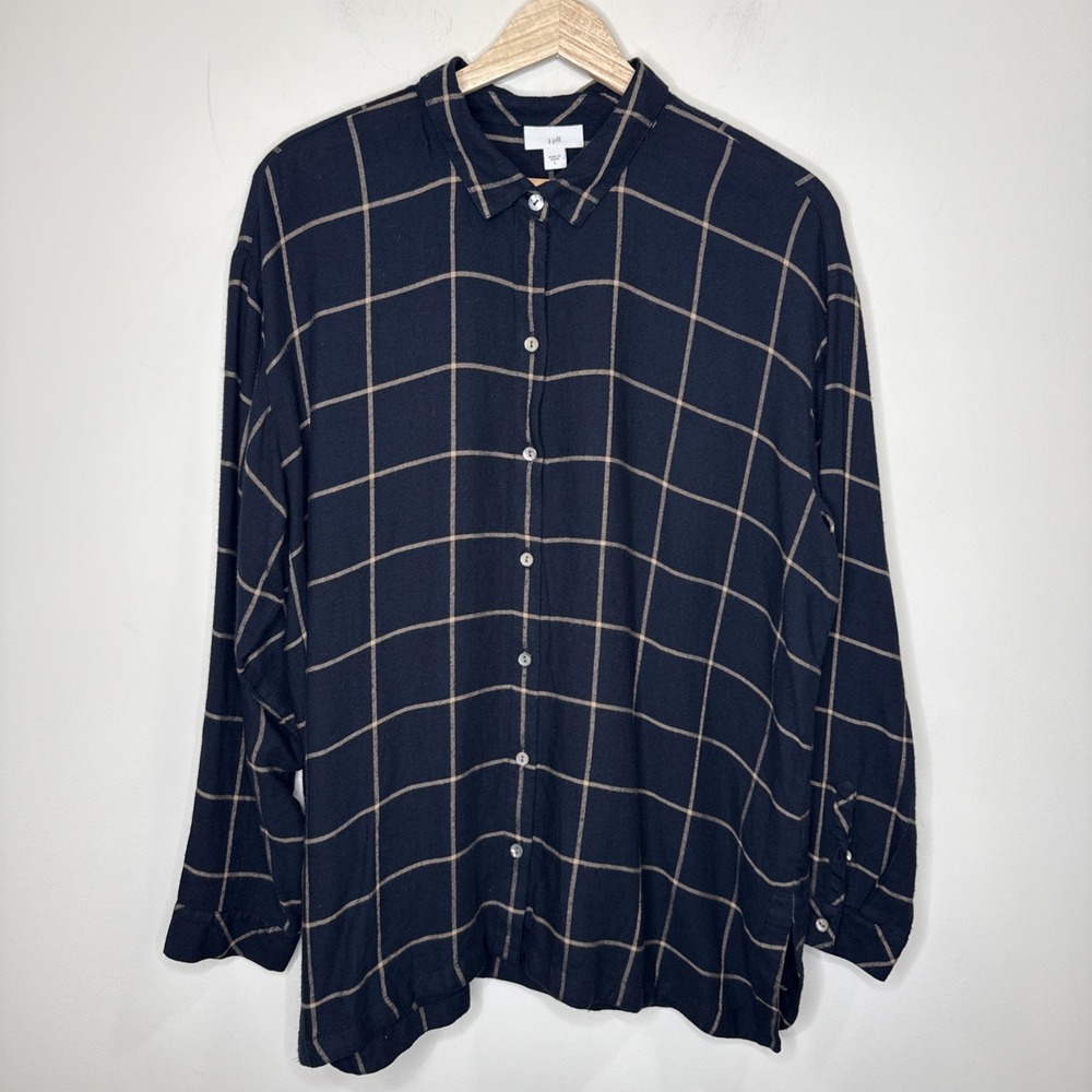 J Jill Plaid Button Front Tunic Shirt Top Womens‎ L Blue Long Sleeve Casual Farm